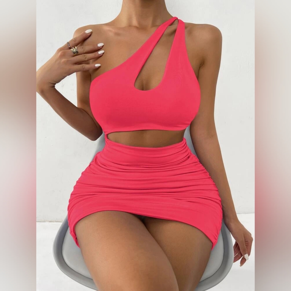 One Shoulder Cutout Ruched Bodycon Dress